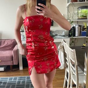 Princess Polly Red Brocade dress with gold detail